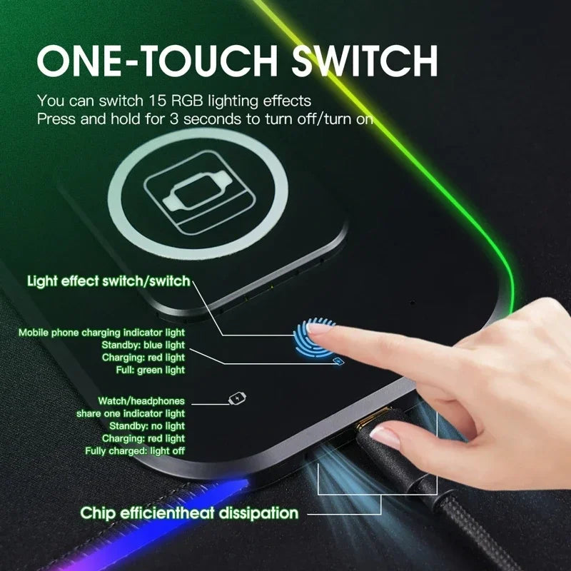 Tapis de souris XXL RGB avec chargement sans fil pour Smartphone, iWatch et auriculaires.
